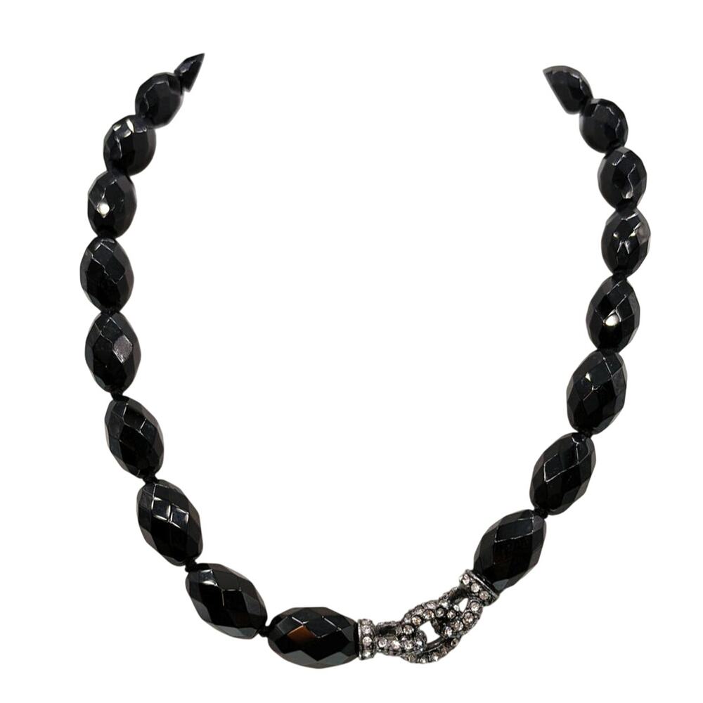Monet Signed Black Glass Faceted Beads And Rhinestones Necklace 16”